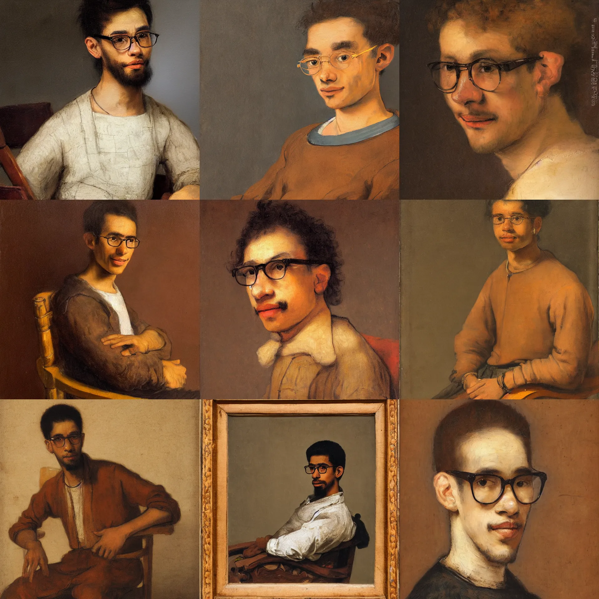 Prompt: 3 / 4 view portrait of a latino skinny young man, brown skin, wavy short hair, wearing glasses, seated on wooden chair, close up, light brown background, painted by rembrandt