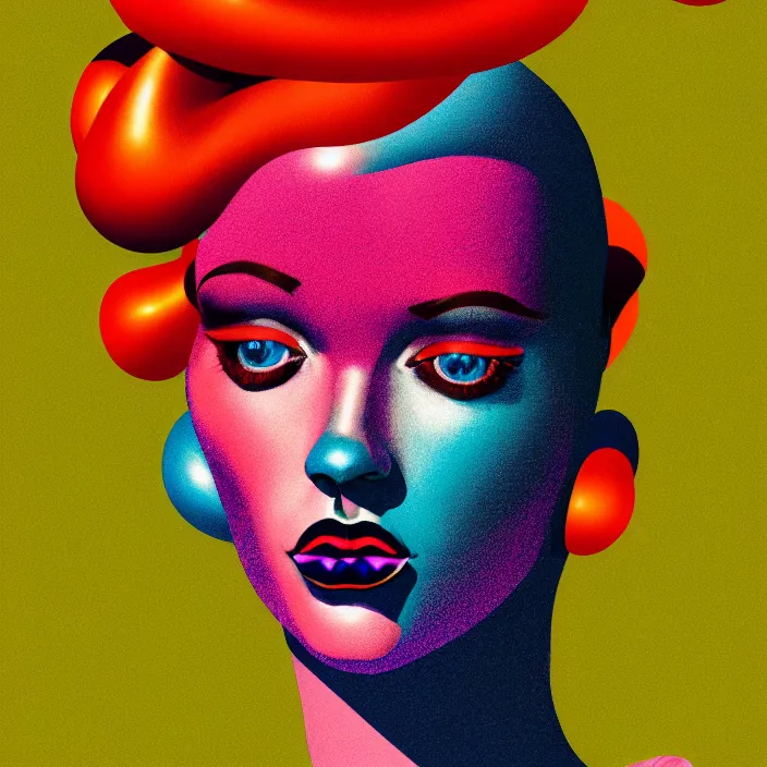 Prompt: portrait of a retro avant garde fashion model with an exuberant surreal style, colorful, dynamic pose, beautiful realistic face, octane render, vray, detailed, wide angle, halftoned, editorial illustration, matte print, grainy light, ( ( dither ) ), risograph, high contrast, screen print, rich grainy texture