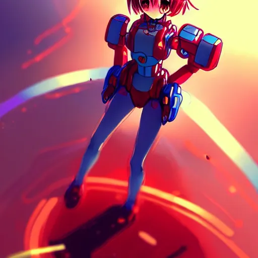 Image similar to digital anime art, wlop, rossdraws, sakimimichan, very small cute girl standing on a large table, red mech arms and red mech legs,