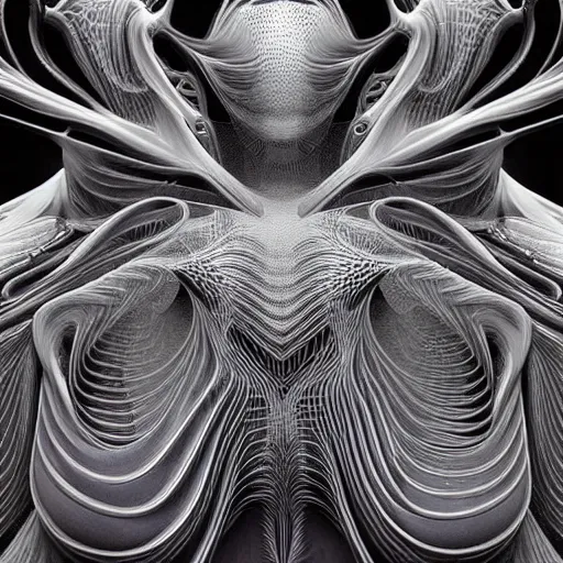 Image similar to dmt elf portrait by zaha hadid, iris van herpen and rick owens. highly detailed, hyper - real, very beautiful, intricate fractal details, very complex, opulent, epic, mysterious, polished, futuristic design, trending on deviantart and artstation