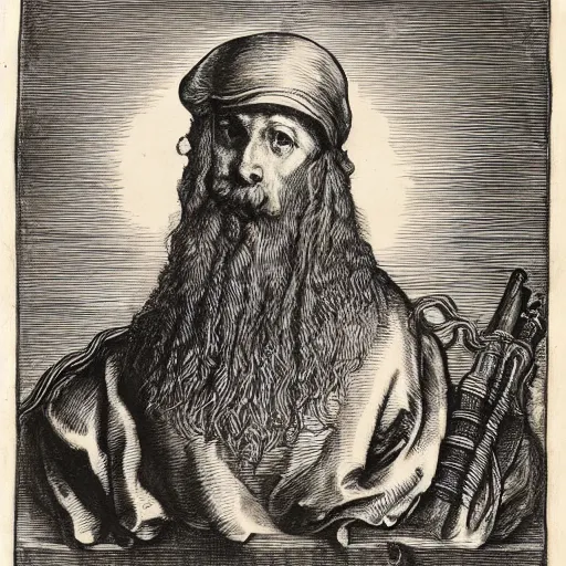 Prompt: A British colonial soldier with an octopus head in the style of Albrecht Dürer, engraving, ink, black and white, 17th century