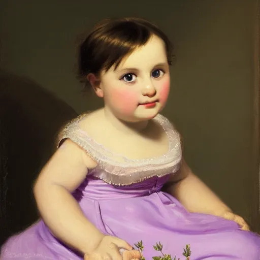 Image similar to portrait of a german toddler princess sitting down in a silk lavender gown, circa 1 8 3 7, by carl joseph begas, highly detailed, beautiful, oil on canvas, 1 8 3 0 s, romanticism