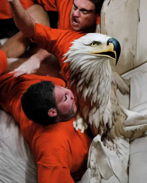 Image similar to Medium shot photo of eagles biting scared Donald Trump in prison jail wearing orange pajamas, octane, dramatic lighting, editorial photo, 35mm, very detailed