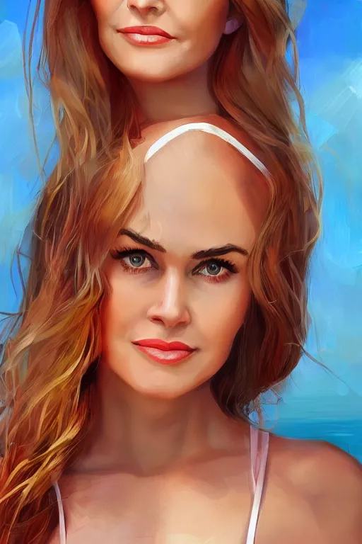 Prompt: portrait of a mix of beautiful young maria shriver, mariel hemmingway, brooke shields, nicole kidman and elle macpherson as a swimsuit model, thin lips, hair tied up in a pony tail, colorful artstation, cgsociety