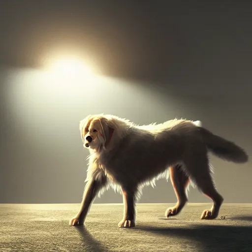 Prompt: cinematic portrait of strange kazakh drugged dog, concept art, glowing light