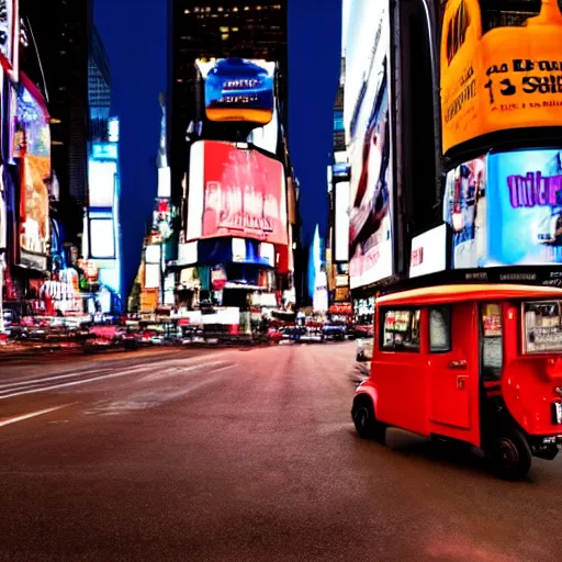 Prompt: a tuk tuk in Times Square at night, luxurious, elegant, highly detailed, award winning photography, moody, dramatic lighting, cinematic, matte painting, concept art, 4k