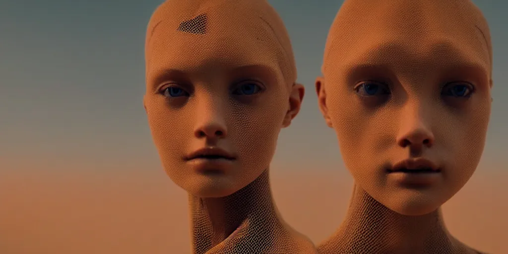 Image similar to realistic humanoid robot, mesh, skin, facial features, close up, desert background, shot by denis villeneuve, blade runner 2049 style, cinematic lighting