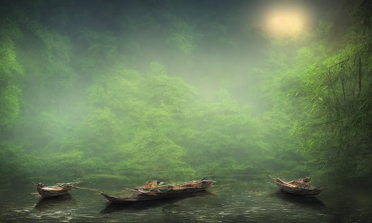 Prompt: a dreamy photograph of an enchanting forest river, with a small bamboo boat in the river, moonlit night dreamy atmosphere, bioluminiscent butterflies in the fog in a bokeh background, deep colors, photorealistic digital arts, artstation, 8K