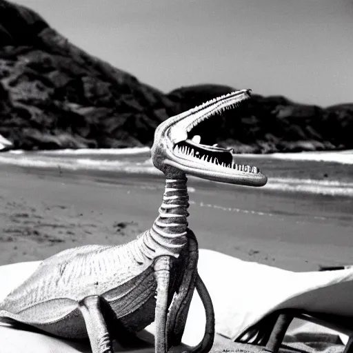 Prompt: a xenomorph on vacation lounging on the beach, 35mm film