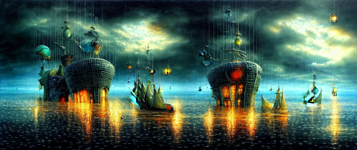 Prompt: cruising ship sailing at miniature megalopolis future, raining night at flooded miniature city, godrays, god helping mystic soul by yoshitaka amano, and artgerm, gediminas pranckevicius