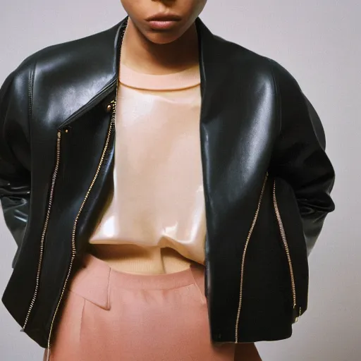 Image similar to realistic photoshooting for a new acne studio lookbook, color film photography, portrait of a beautiful woman, model wearing a leather jacket, by photo in style of tyler mitchell, 3 5 mm,