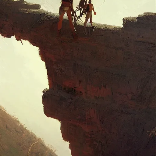 Prompt: looking down onto indiana jones hanging off a cliff by one hand by Greg Rutkowski by James Gurney