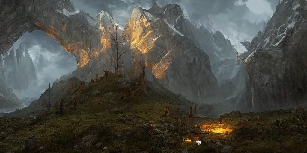 Image similar to VR gameplay screenshot. J.R.R. Tolkien's Middle-Earth. Beautiful. Trending on Artstation. Lighting, colors, and shading by James Gurney.