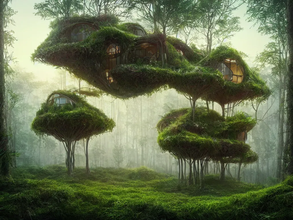 Prompt: beautiful organic house made from imaginary plants in a forest, architectural render, futuresynth, chillwave, vegetal architecture, blender 3D, by moebius, sunrise, (mist), junglepunk, trending on artstation