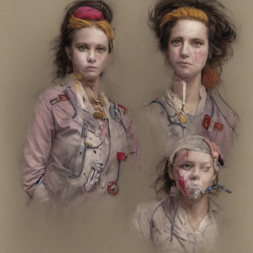 Image similar to clowncore pastel punk young hospital nurse wearing stylish uniform. detailed, portrait, 8 k, artwork by jean - baptiste monge