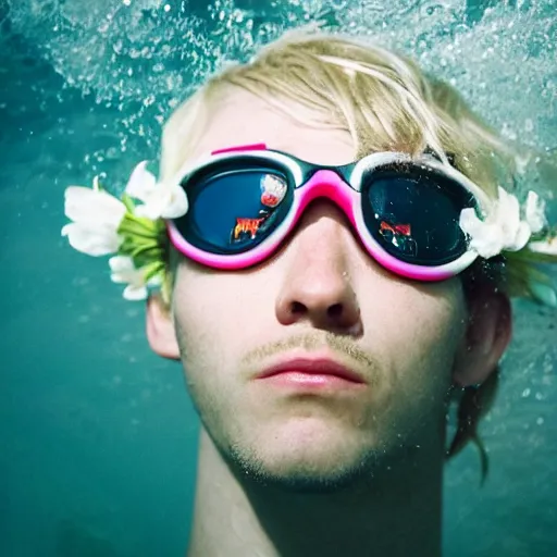 Image similar to close up kodak portra 4 0 0 face portrait photograph of a skinny guy with blonde hair submerged in a elegant tub of white milk, aerial view, wearing cyber goggles, flower crown, moody lighting, telephoto, 9 0 s vibe, blurry background, vaporwave colors, dream aesthetic, dreamy aesthetic, faded!,