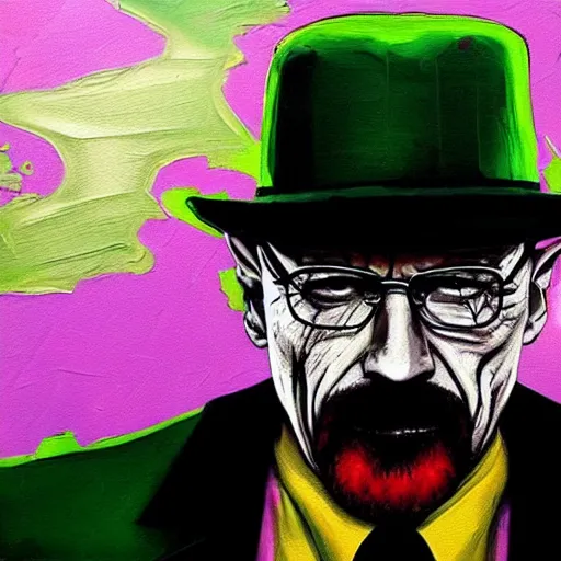 Image similar to walter white wearing the joker suit, dripping painting