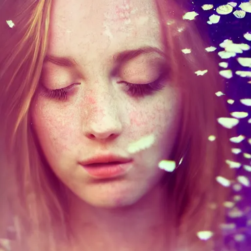 Image similar to portrait of a beautiful girl + skins effy, floating under the deep dream water, beautiful smooth soft light + white petal, by personal photography, art by brookskim, closeup, 4 k, highly detailed, instagram,