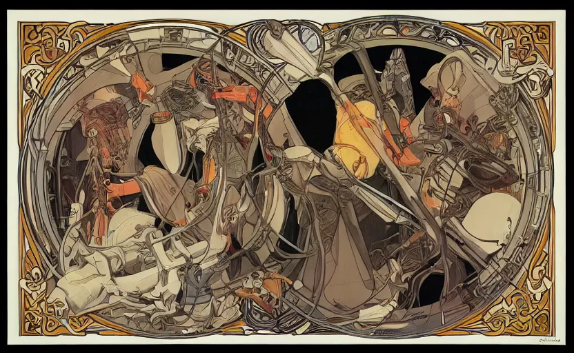 Image similar to bones technology and strange craft, by jc leyendeker and mucha, minimal, clean, cel - shaded,