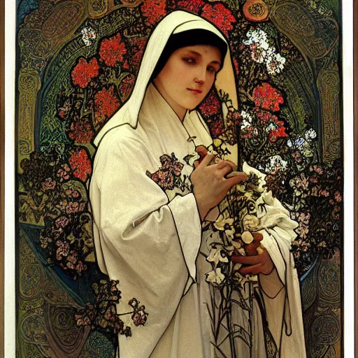 Prompt: a Masterpieces portrait of A nun covered in flowers radiates holy light in the church by Alphonse Mucha,Gustave Doré style,oil on canvas