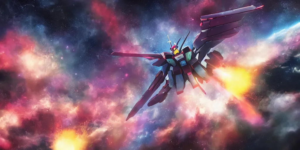 Prompt: a Gundam in space with a nebula in the background, wide angle photos, hyper realistic