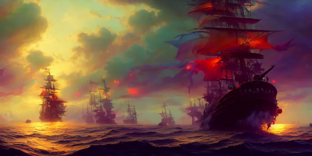 Prompt: a pirate standing on the nose of the ship commanding to his crew to attack another ship, psychedelic mushroom colors everywhere, extremely detailed digital painting, in the style of fenghua zhong and ruan jia and jeremy lipking and peter mohrbacher, mystical colors, rim light, beautiful lighting, 8 k, stunning scene, raytracing, octane, trending on artstation