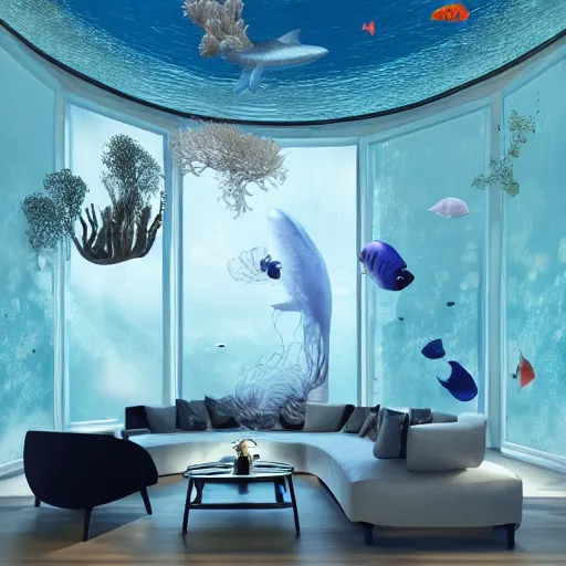 Image similar to the realistic photo of the modern room as aquarium with a chandelier as a big jellyfish, beautiful corals on the walls and sharks in the big panoramic window, under the ocean, realistic colors, realistic shadows, daylight made in blender, hd, 3 d by beeple and damian hirst