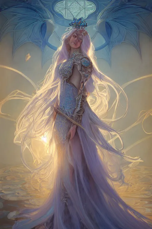 Image similar to breathtaking detailed soft painting of a knight queen with long flowing blue hair, pastel flower petals flying, at dawn in front of a pristine golden art nouveau cathedral, elegant, volumetric lighting, highly detailed, artstation, concept art, matte, sharp focus, art by pilyeon,