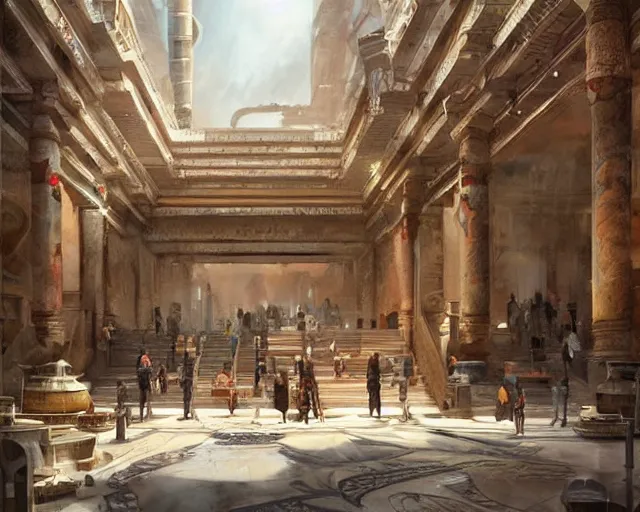 Image similar to a mall in the style of ancient babylon, art by greg rutkowski and artgerma, stunning concept art, interior design architecture