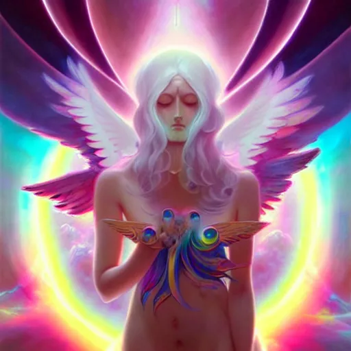 Prompt: psychedelic angelic celestial being artwork of peter mohrbacher, ilya kuvshinov ayahuasca, energy body, sacred geometry, esoteric art, rainbow colors, realist, abstract and surreal art styles with anime and cartoon influences divinity