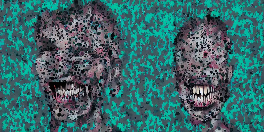 Image similar to camo made of teeth, smiling, abstract, francis bacon artwork, fortnite, cryptic, dots, stipple, lines, splotch, color tearing, pitch bending, faceless people, dark, ominious, eerie, minimal, points, technical, old painting