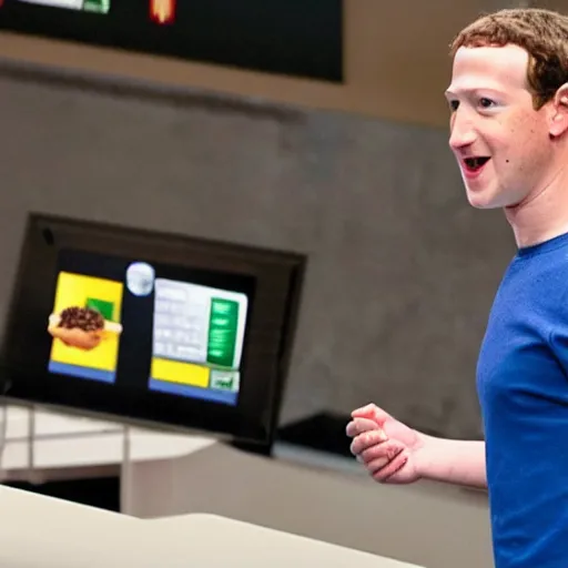 Image similar to mark Zuckerberg wearing a McDonald’s employee outfit