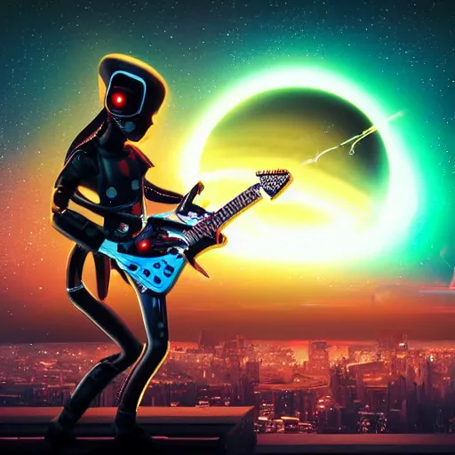 Image similar to cute cyberpunk alien playing electric guitar on stage overlooking futuristic space city with view of ringed planet rising on the horizon detailed painting 4 k