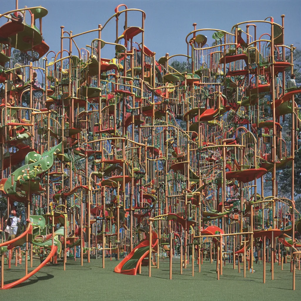 Image similar to full - color closeup 1 9 7 0 s photo of a vast incredibly - large complex very - dense tall many - level playground in a crowded schoolyard. the playground is made of brown wooden planks, black rubber tires, silver metal bars, and beige ropes. it has many spiral staircases, high bridges, ramps, balance beams, and metal tunnel - slides.