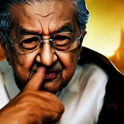 Image similar to Mahathir as Thanos, movie still, cinematic