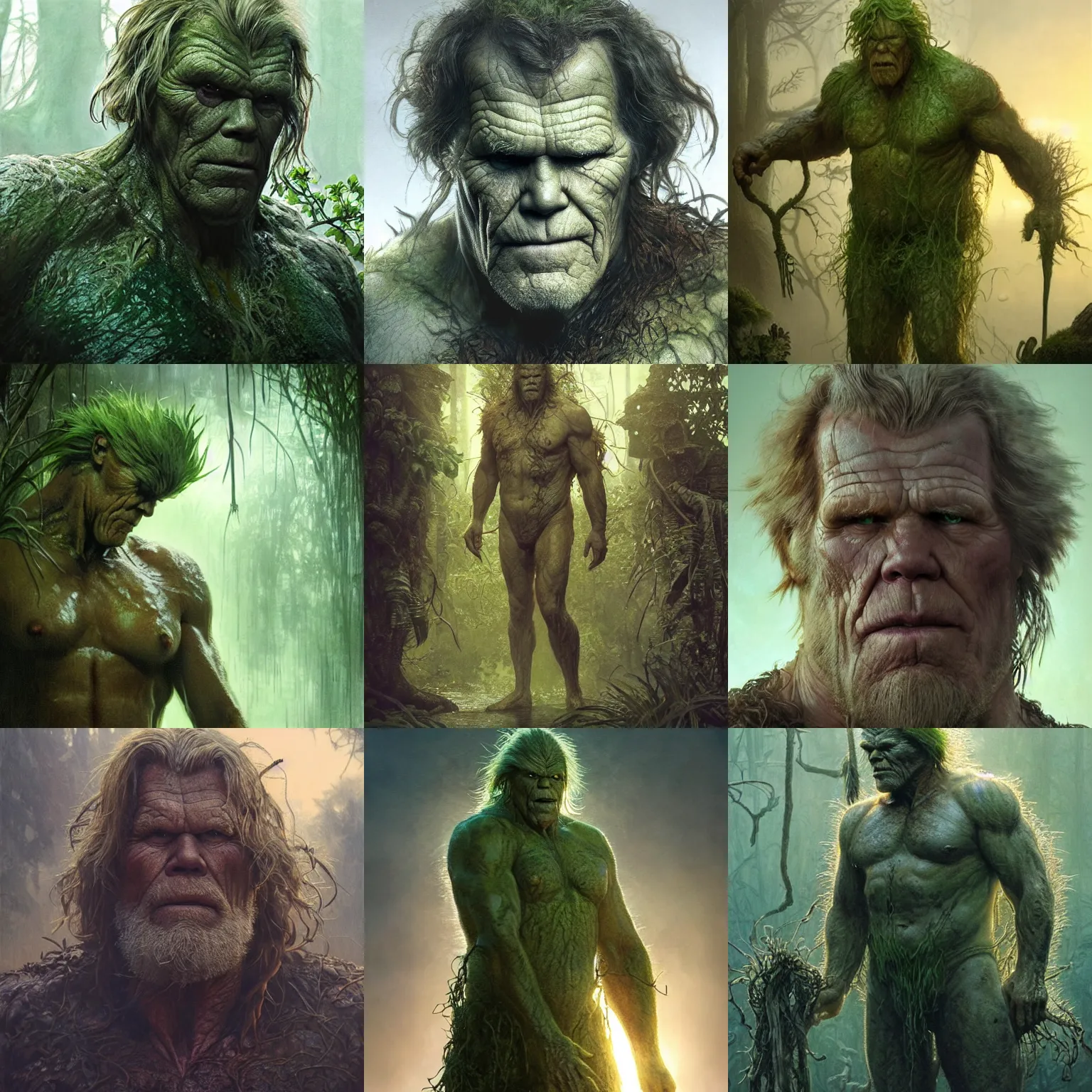 Prompt: nick nolte as swamp thing at dusk, misty athmosphere, ultra realistic, concept art, intricate details, eerie, highly detailed, photorealistic, octane render, 8 k, unreal engine. art by artgerm and greg rutkowski and alphonse mucha