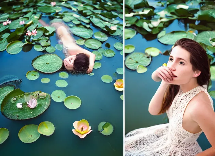Image similar to half face in the water, nose eyes and mouth out of the water Kodak Portra 400, 8K, soft light, volumetric lighting, highly detailed, britt marling style 3/4, photo close-up portrait of extreme beautiful girl floating in water surrounded by lily pads, half face in the water, a beautiful lace dress and hair are intricate with highly detailed realistic beautiful flowers , Realistic, Refined, Highly Detailed, natural outdoor soft pastel lighting colors scheme, outdoor fine art photography, Hyper realistic, photo realistic