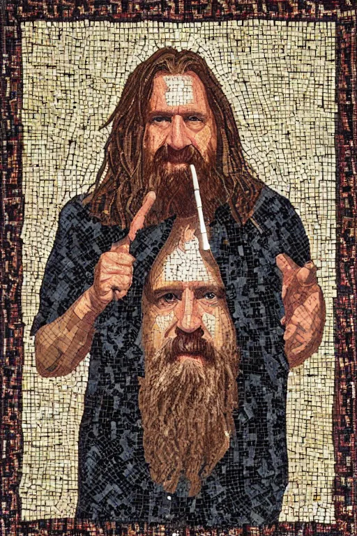 Prompt: intricate and beautifully arranged roman mosaic portrait of the dude from the big Lebowski in the style of a Persian carpet, 8k