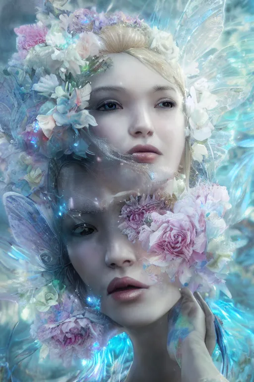 Image similar to face closeup covered with abstract flowers of extremely beautiful girl necromancer, magical fairy flowers and ice velvet, diamonds, angels, 3 d render, hyper - realistic detailed portrait, holding fire and electricity rainbow, ruan jia, wlop. scifi, fantasy, magic the gathering, hyper detailed, octane render, concept art, peter mohrbacher