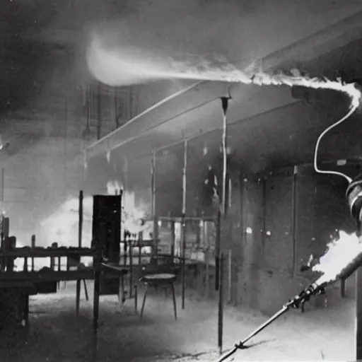 Prompt: Photograph of a laboratory where a scientist with a flamethrower fights off the omega death virus.