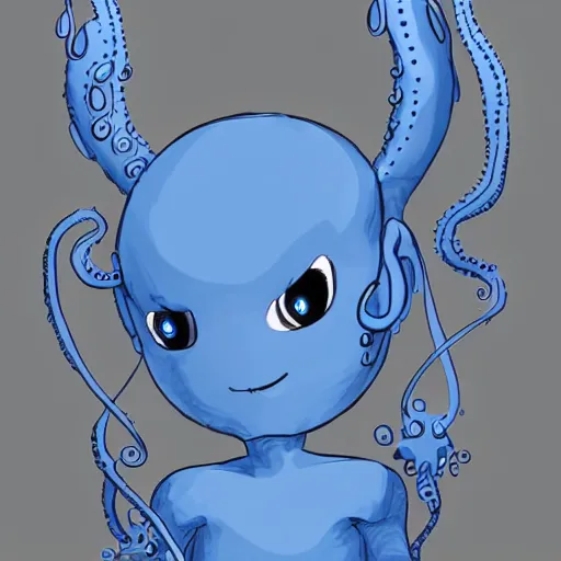 Prompt: character design of an adorable baby faced alien with tentacles on the sides of it's mouth, blue, tiny horns