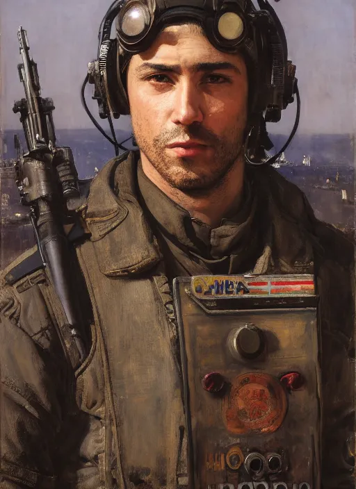 Image similar to Hector. cyberpunk pilot wearing military vest. attractive face. Iranian orientalist portrait by john william waterhouse and Edwin Longsden Long and Theodore Ralli and Nasreddine Dinet, oil on canvas. Cinematic, hyper realism, realistic proportions, dramatic lighting, high detail 4k