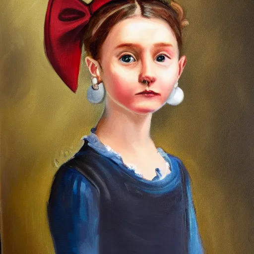 Prompt: a portrait painting of a girl with eyeballs as earrings and a huge bow on her head, 4k,