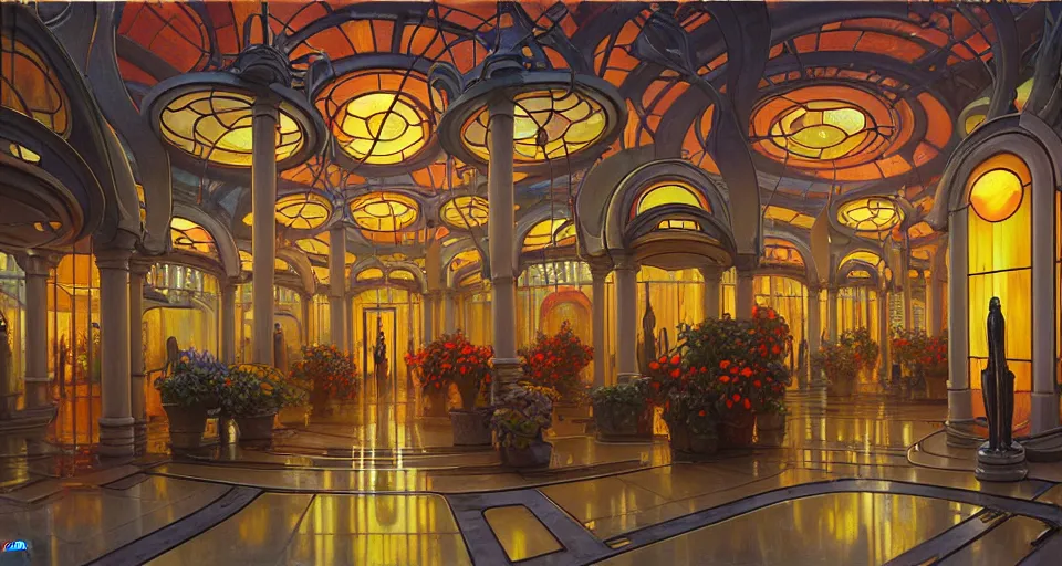 Prompt: a minimalist oil painting by donato giancola, warm coloured, scifi bioluminescent luxurious foggy steam filled art nouveau garden circular shopping mall interior with microscopy minimalist stained glass flowers growing out of pretty bulbous ceramic fountains, gigantic pillars and flowers, maschinen krieger, beeple, star trek, star wars, ilm, syd mead