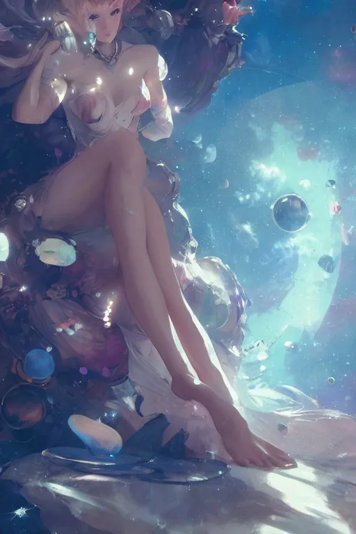 Image similar to A beautiful whimsical woman sitting on a bed of crystals below planets, cinematic lighting, dramatic atmosphere, by Dustin Nguyen, Akihiko Yoshida, Greg Tocchini, Greg Rutkowski, Cliff Chiang, 4k resolution, trending on artstation