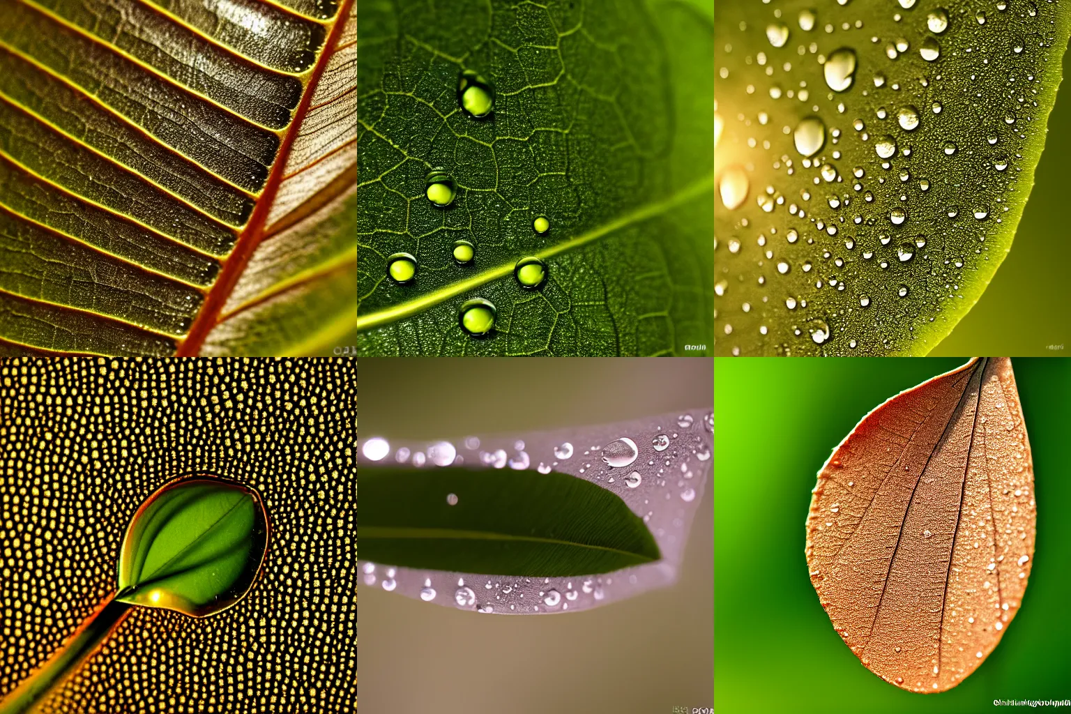 Prompt: macro photography : ( subject = a single water droplet of water on a leaf in evening sunlight ), zeiss macro lens f / 1 1 aperture