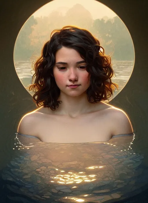 Image similar to full body portrait of a woman with short wavy hair, round face, cottagecore!!, small cup size lake water, intricate, enlightenment, highly detailed, digital painting, artstation, concept art, smooth, sharp focus, illustration, art by artgerm and greg rutkowski and alphonse mucha