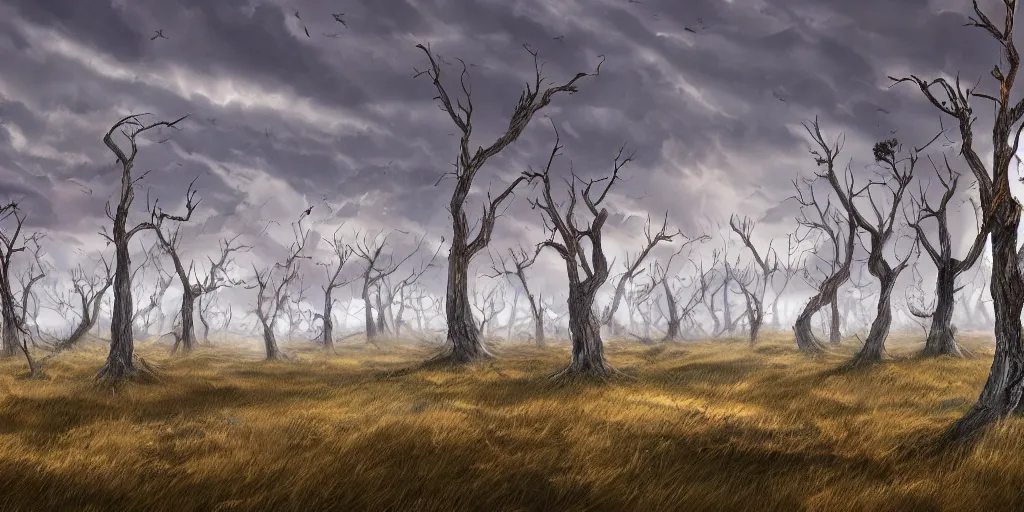 Prompt: swaths of dead windswept trees, no soil, high quality fantasy art, 4k