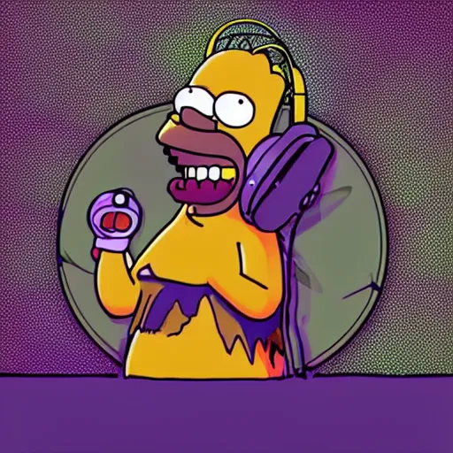 Image similar to svg sticker of a Homer-Simpson at a rave, spinning records, giant headphones rocking out, wearing headphones, huge speakers, dancing, rave, DJ, spinning records, digital art, amazing composition, rule-of-thirds, award-winning, trending on artstation, featured on deviantart