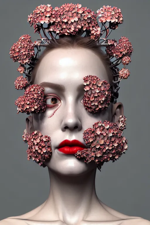 Image similar to complex 3 d render hyper detailed ultrasharp biomechanical female cyborg portrait with a beautiful porcelain profile face, mandelbrot fractal, elegant crown with huge white hydrangea flowers foliage leaves stems roots, red lips, alexander mcqueen haute couture, art nouveau fashion, octane render, 8 k